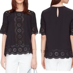 Kate Spade Silk Black Daisy Embroidered Eyelet Scalloped Swing Top - M